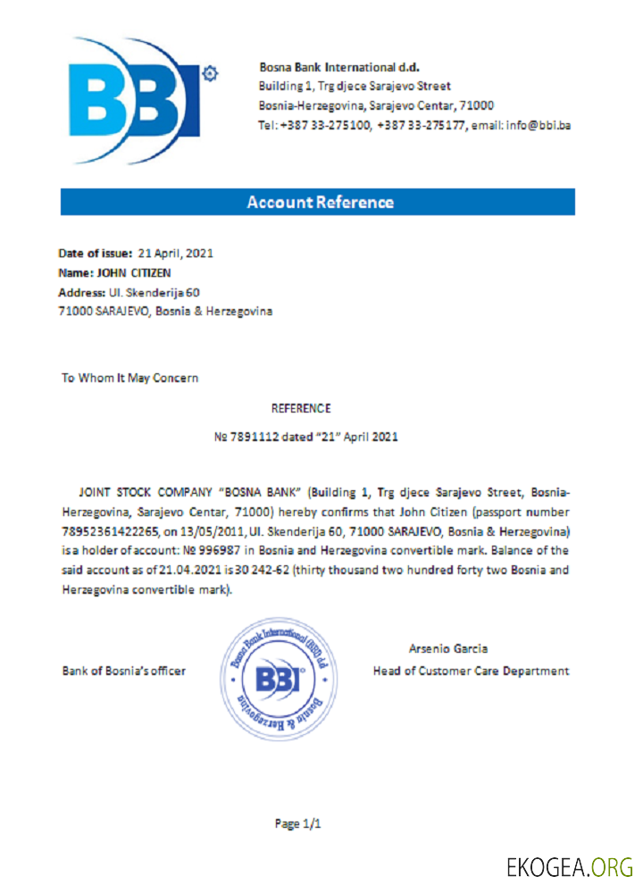 Bosnie , Herzégovine Bosna Bank Internat , reference